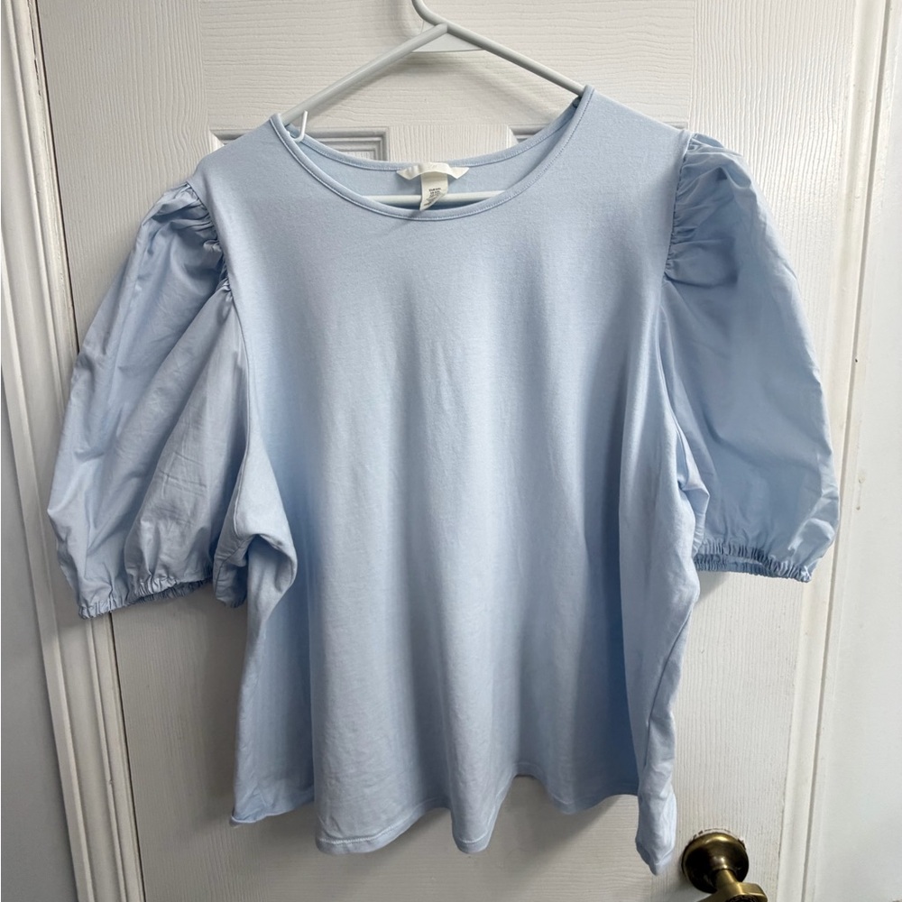 H&M Light Blue Puff Sleeve Scoop Neck Top Women's XXL Cottagecore Casual